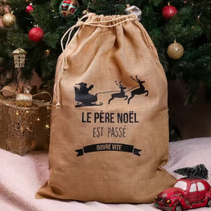Hotte de Noël en jute "Traineau du Père Noël"