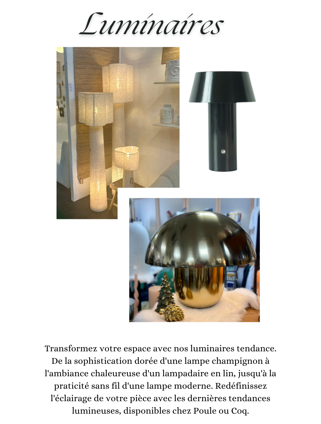 Les nouveaux luminaires : Transformez votre espace avec nos luminaires tendance. De la sophistication dorée d'une lampe champignon à l'ambiance chaleureuse d'un lampadaire en lin, jusqu'à la praticité sans fil d'une lampe moderne. Redéfinissez l'éclairage de votre pièce avec les dernières tendances lumineuses, disponibles chez Poule ou Coq.